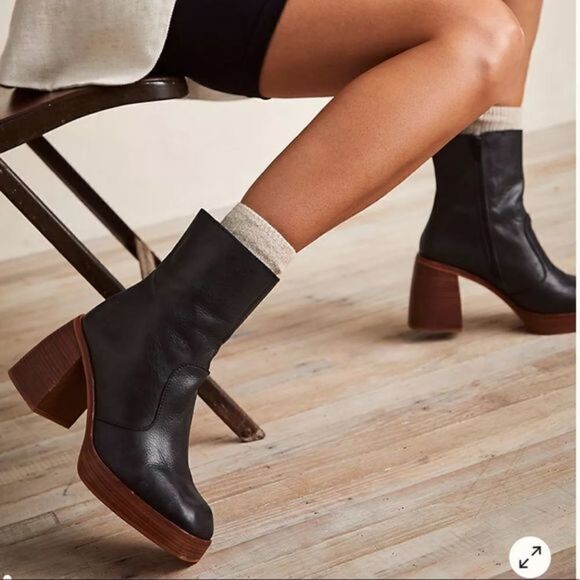 Free People Ruby Platform Boot Black Leather Wood Heel NWOB - Picture 1 of 9